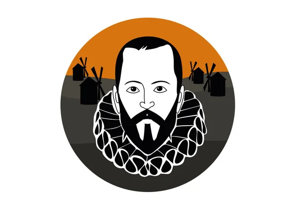 Miguel de Cervantes Saavedra 'nın Vektör İllüstrasyonu, İspanyol yazar Don Kişot de la Mancha. Siyah, beyaz ve turuncu. Yel değirmenleri manzarası