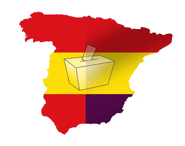 关于西班牙共和国的全民投票 西班牙地图的三色旗位于西班牙国旗旁边 是历史和政治问题的象征 投票箱 — 图库照片