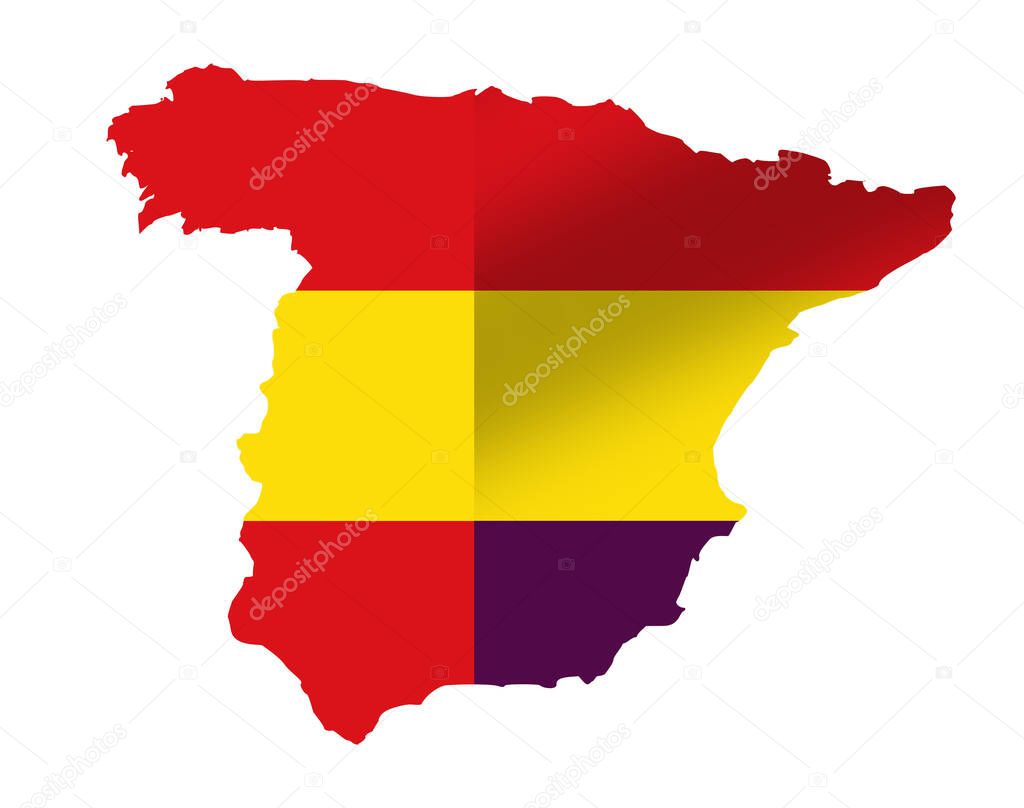 Map of Spain with the Republican Tricolor Flag next to the current flag of Spain, symbol of the historical and political problem