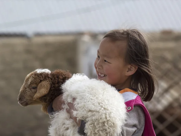 Olgiy, Mongolia - 23 czerwca - trochę mongolskich dziewczynka gospodarstwa baranka — Zdjęcie stockowe