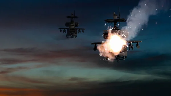 Wojskowe śmigłowce bojowe uderzeniem rakiet i eksplozji — Zdjęcie stockowe