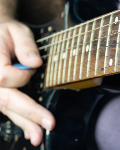 Close Man Playing Lead Guitar Solo Black Guitar — Stock Photo, Image