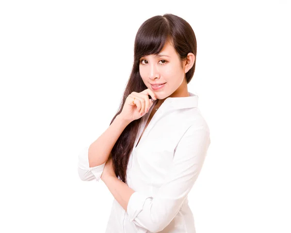 Asian woman with hand on chin — Stock Photo, Image