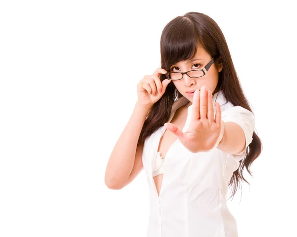 Asian woman showing stop hand gesture — ストック写真