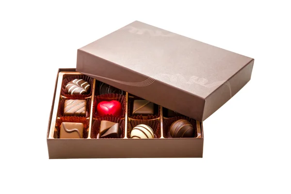 Κουτί καφέ με σοκολάτα με σοκολάτες διαφόρων ειδών — Φωτογραφία Αρχείου