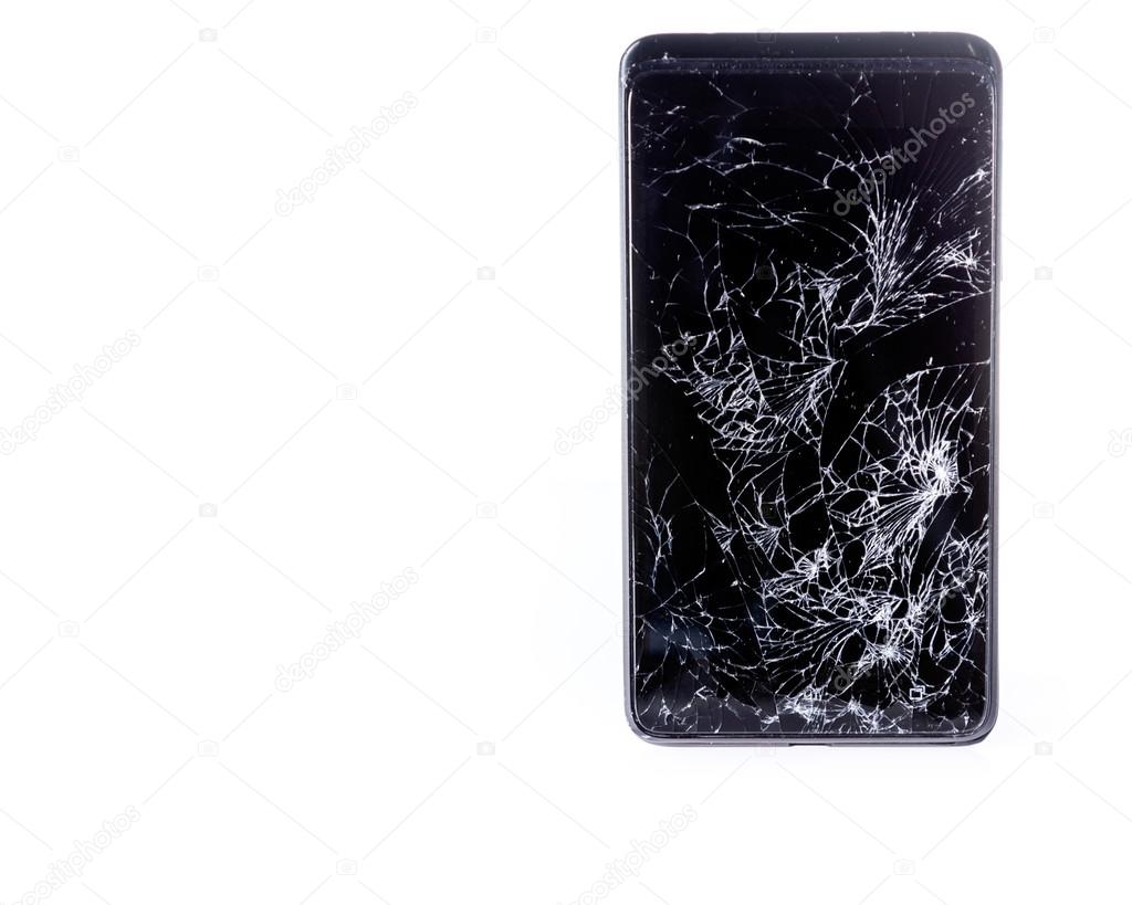 Mobile smartphone with broken screen isolated on white. 
