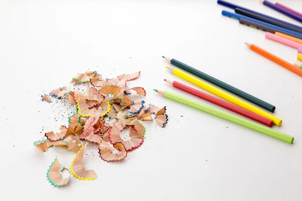 Color pencil crayons and pencil shavings — Stock Photo, Image