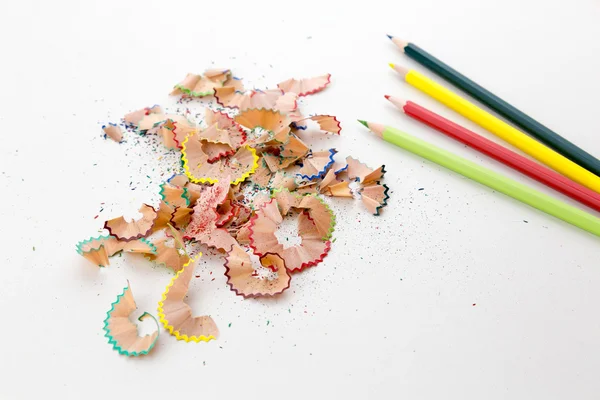 Color pencil crayons and pencil shavings — Stock Photo, Image