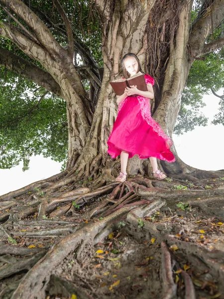 Menina jovem lendo livro mágico — Fotografia de Stock