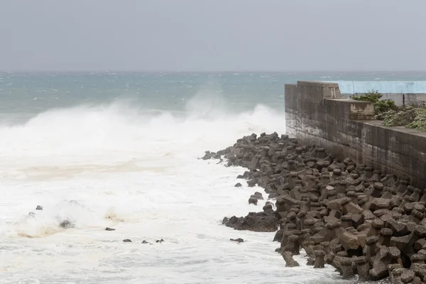 Mar tempestuoso durante o tufão, ondas batendo na parede da barreira — Fotografia de Stock