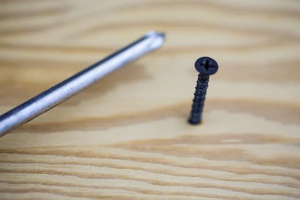 Screw in wood and screwdriver — Stock Photo, Image