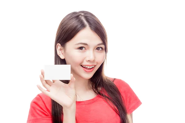 Asian woman holding up business card — Stock Photo, Image