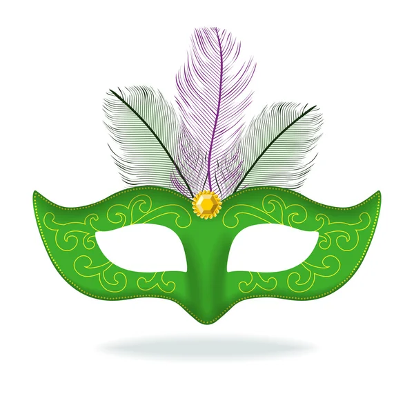 Masque vert avec ornement et plumes — Image vectorielle