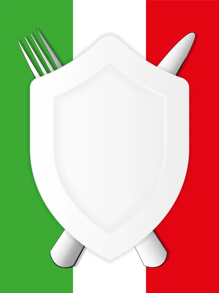 Plaque en forme de bouclier sur les couleurs de fond du drapeau italien — Image vectorielle