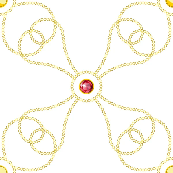Бесшовный рисунок с вереницами золотых цепей и красных кристаллов Векторная Графика