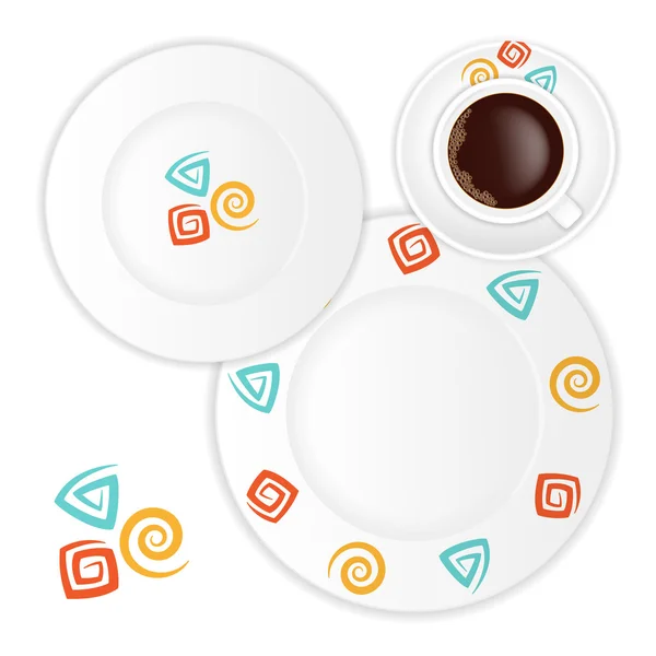 İki tabak ve bir kahve fincanı parlak swirls ile