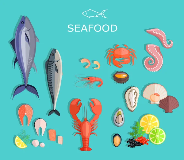 Seafood Set Design Flat Fish and Crab — Stock Vector