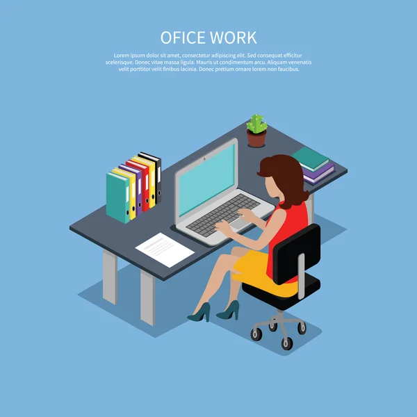 Isometric Woman Office Work Interior Design — ストックベクタ