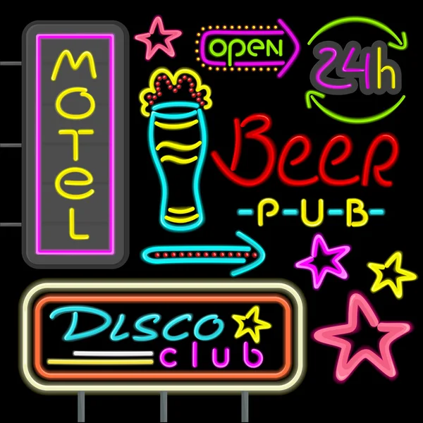 Leuchtreklame Disco Club, Bier Pub Design flach — Stockvektor