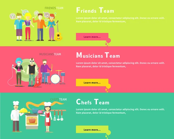 Equipo de amigos. Grupo de Músicos. Chefs Personas — Archivo Imágenes Vectoriales