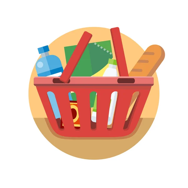 Carro de compras con diseño de alimentos plano — Vector de stock