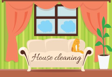 House Cleaning. Cat on Sofa Design Flat