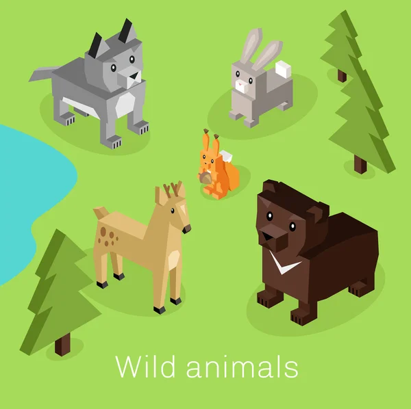 Wild Animal Set Isometric 3d Design — Stok Vektör