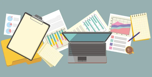 Work Table Document and Laptop Design Flat — Stok Vektör
