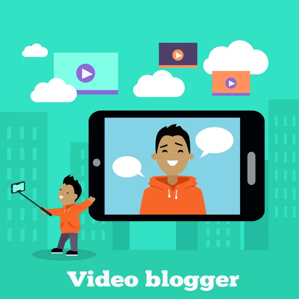 Boy Video Blogger con teléfono inteligente — Vector de stock