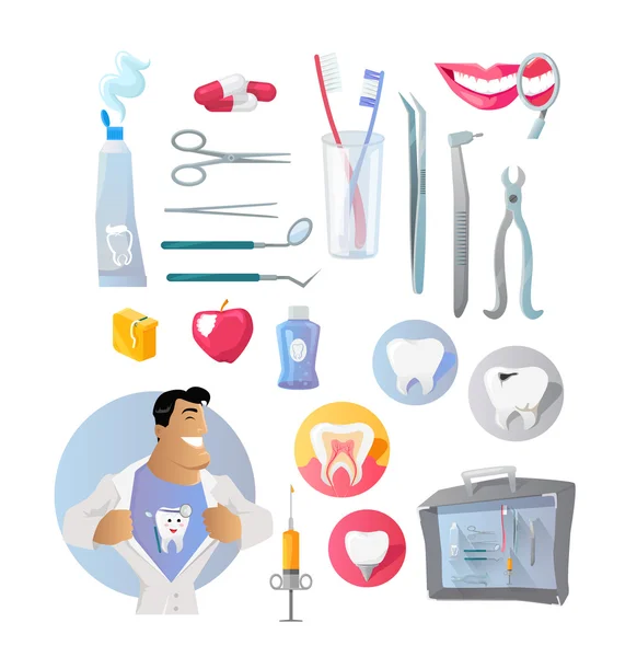 Инструменты и предметы на тему стоматологии — стоковый вектор