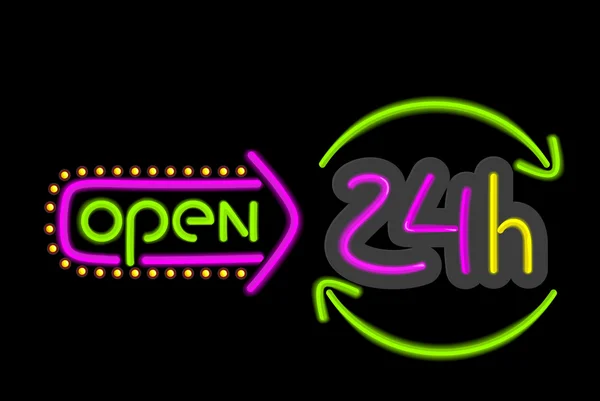 Neon Sign Open Round the Clock on Black Background — ストックベクタ