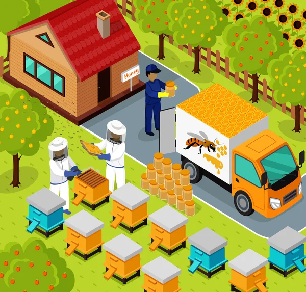 Isometric Honey Bee Apiary Beekeeper Design Flat — Stock Vector