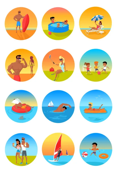 Vacaciones de verano Iconos de color con la gente — Vector de stock