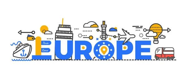 Viaggi Europa Parola Testo Design creativo — Vettoriale Stock