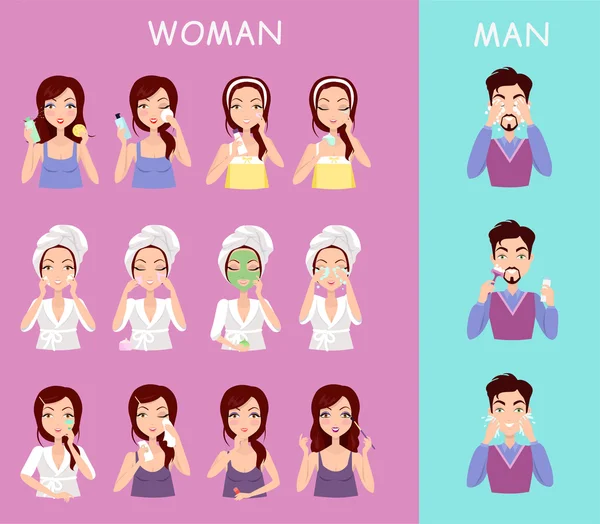 女性と男性の顔を洗う指示 — ストックベクタ