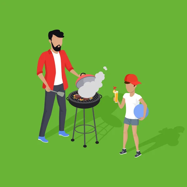 Père et fils préparant barbecue — Image vectorielle