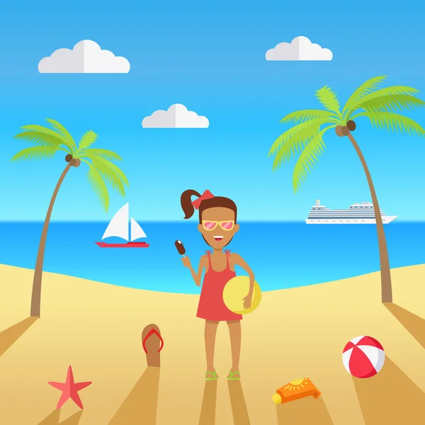 Playa con arena y palmera — Vector de stock