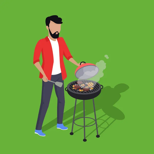 Père et fils préparant barbecue — Image vectorielle