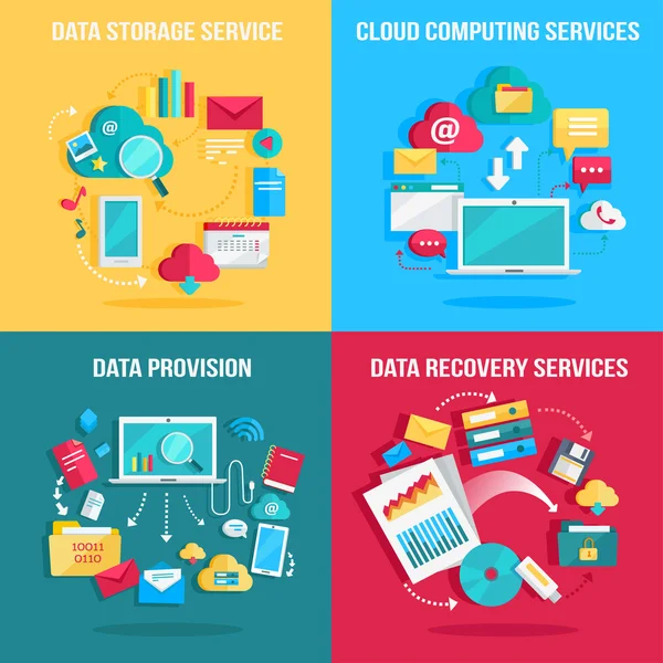 Conjunto de diseños planos conceptuales para servicios de datos — Vector de stock