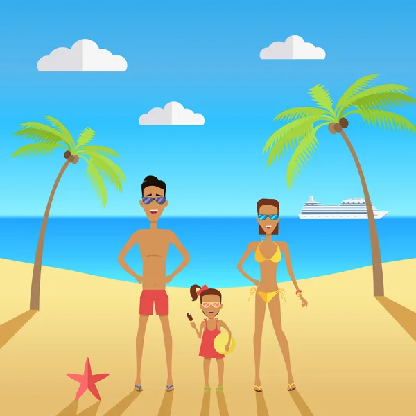 Famiglia felice sulla spiaggia durante le vacanze. Illustrazione vettoriale — Vettoriale Stock