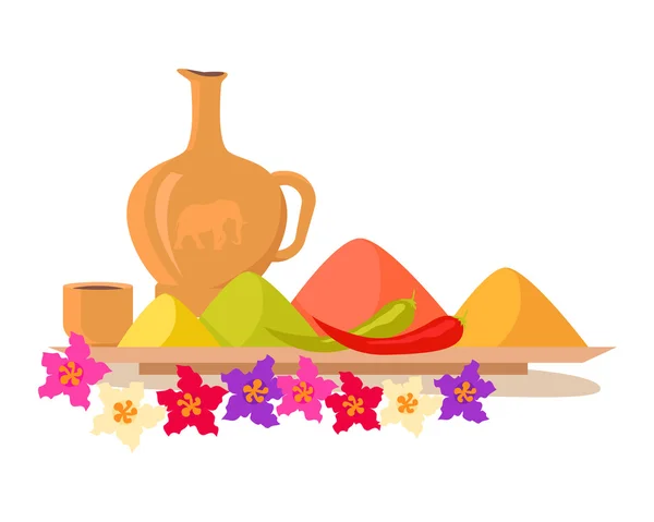 Variedad de especias en bandeja de madera con flores — Vector de stock