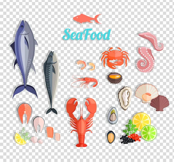 Owoce morza scenografia płaskie ryby i kraby — Wektor stockowy