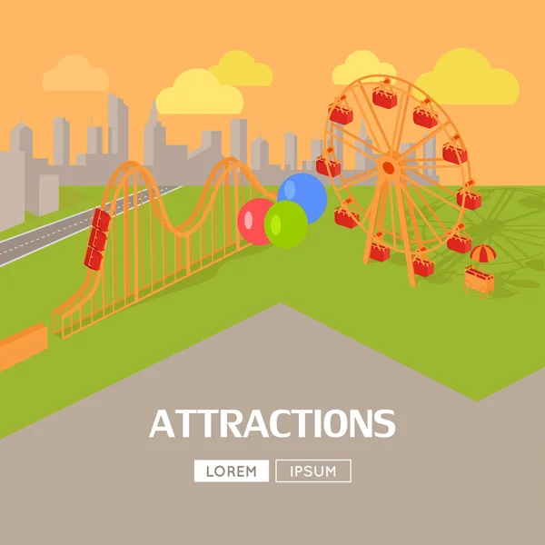 Atracciones en Amusement Park Web Banner — Vector de stock