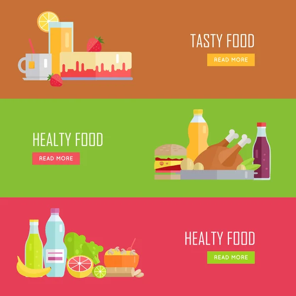 Conjunto de Banners de Vetor de Alimentos Saborosos e Saudáveis —  Vetores de Stock