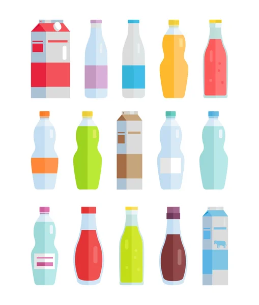 Ensemble de bouteilles de variétés et d'emballages avec des boissons — Image vectorielle