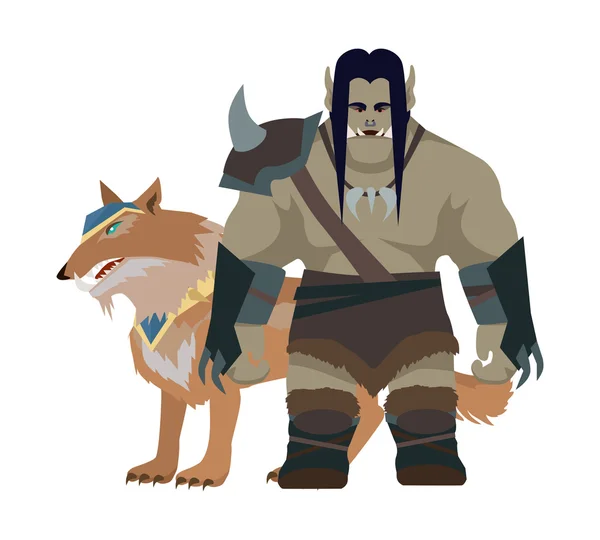Cartoon Monster Orc Warrior with Wolf. Game Object — Stock Vector