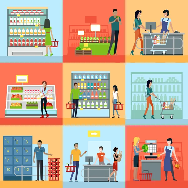 Set of Shopping in Supermarket Concepts Vector. — Stock Vector
