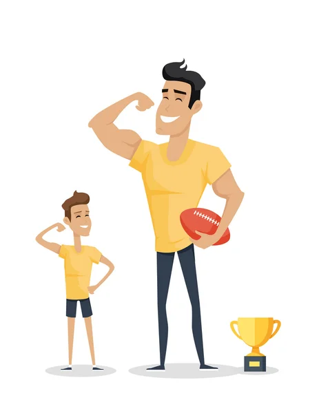 Basketbol Futbol ve Kupası ile Baba ve Sevimli Oğlu. — Stok Vektör