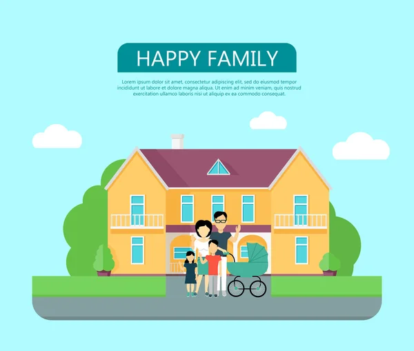 Familia feliz en el patio de su casa — Vector de stock