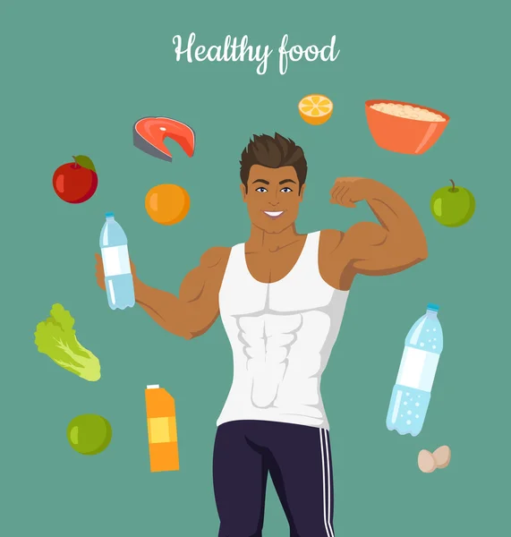 Egészséges élelmiszer koncepció. Sportos ember után diéta. — Stock Vector